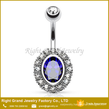 Blue Oval Cubic Zirconia Setting Clear Gems On Rims Surgical Steel Navel Belly Ring